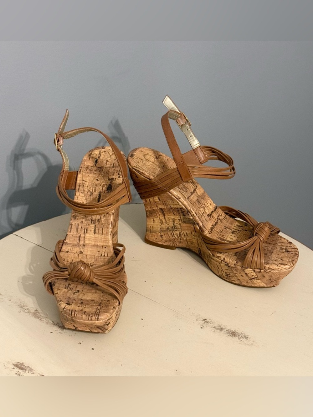 Jessica Simpson Brisa Tan Cork Wedge Sandals with Knotted Straps, sz 8